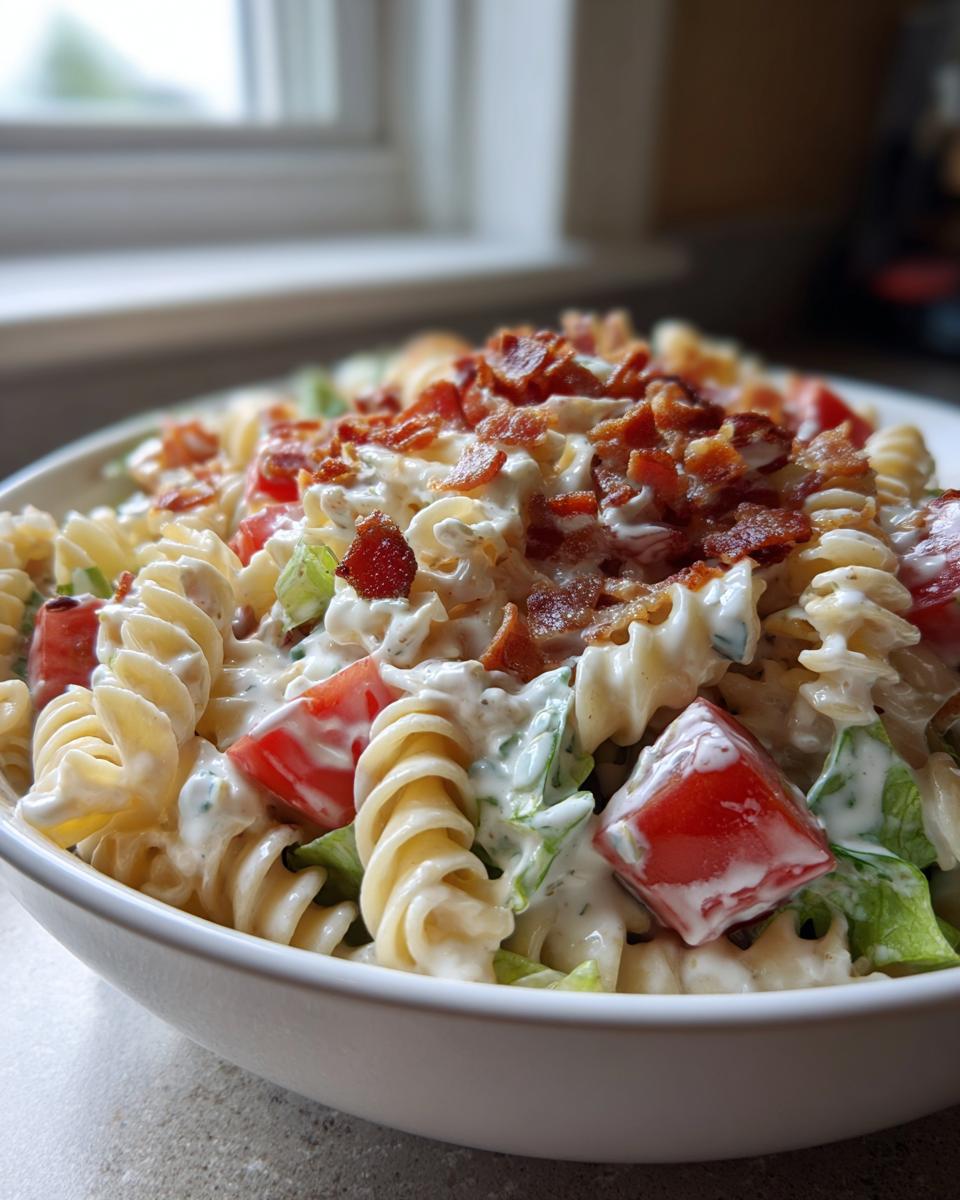 Close-up of a creamy blt pasta salad featuring rotini pasta, diced tomatoes, lettuce, and crumbled bacon.