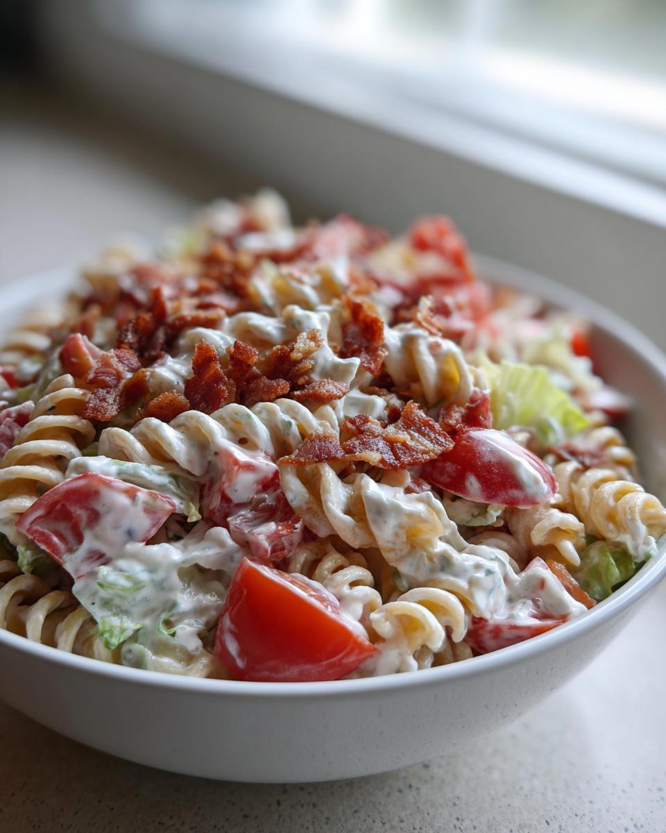 Close-up of a bowl of creamy blt pasta salad featuring rotini pasta, tomatoes, lettuce, and crispy bacon bits.