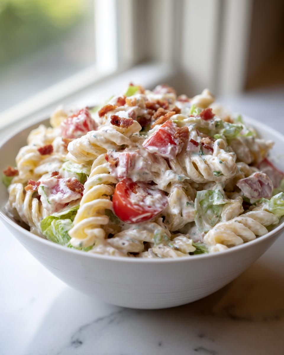 Close-up of a white bowl filled with creamy blt pasta salad, featuring rotini pasta, lettuce, tomatoes, and bacon crumbles.