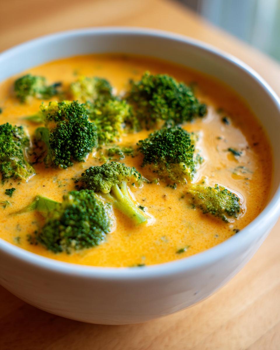 Close-up of a creamy, orange-hued bowl of broccoli cheddar soup topped with vibrant green broccoli florets.