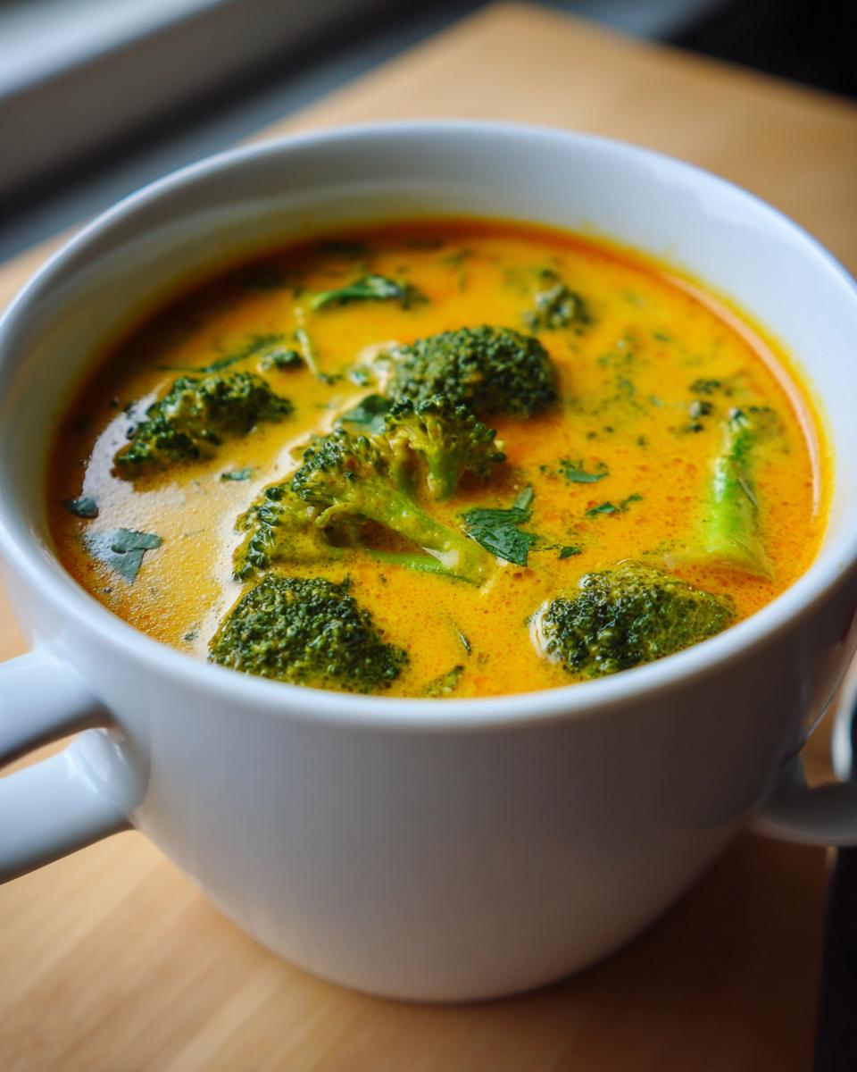 A close-up view of rich, yellow broccoli cheddar soup filled with bright green broccoli florets and herbs in a white mug.