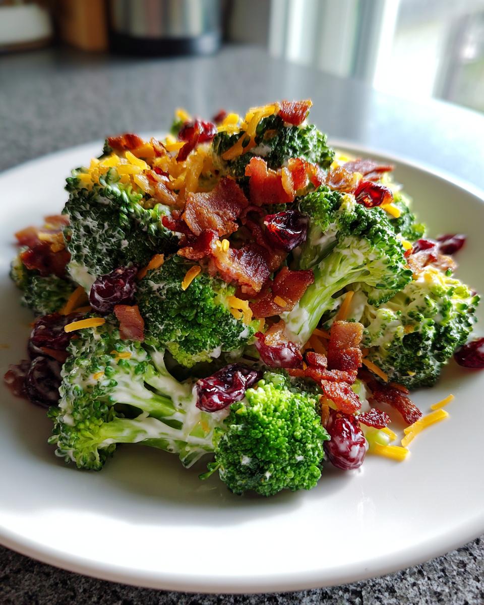 A serving of creamy broccoli salad topped with crispy bacon bits, shredded cheddar cheese, and dried cranberries.