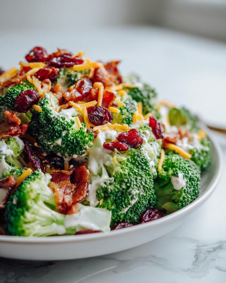 Close-up of a bowl filled with creamy broccoli salad, topped generously with bacon bits, shredded cheddar cheese, and dried cranberries.