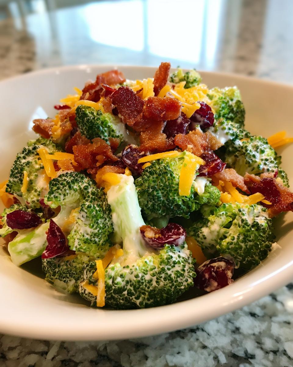 A close-up view of a creamy broccoli salad featuring fresh broccoli florets, shredded cheddar cheese, dried cranberries, and crispy bacon bits.