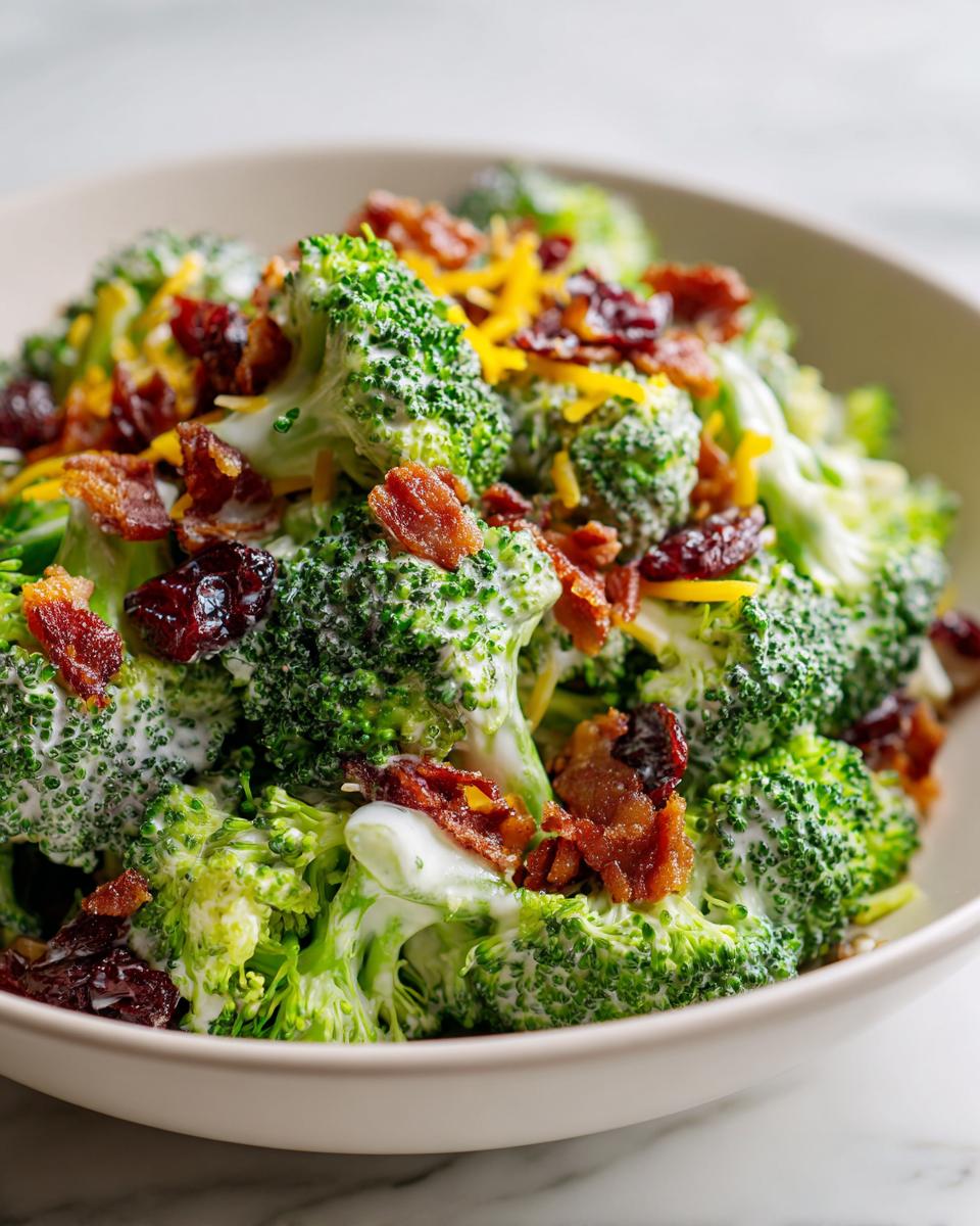 Close-up of a creamy broccoli salad topped with crispy bacon bits, shredded cheddar cheese, and dried cranberries.