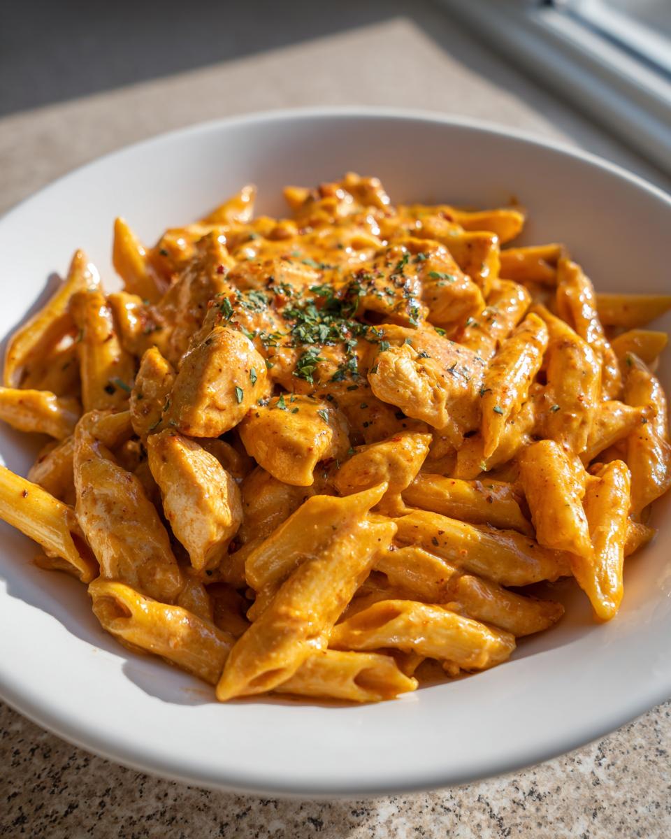 Close-up of creamy Cajun chicken pasta with penne noodles and seasoned chicken pieces, garnished with herbs.