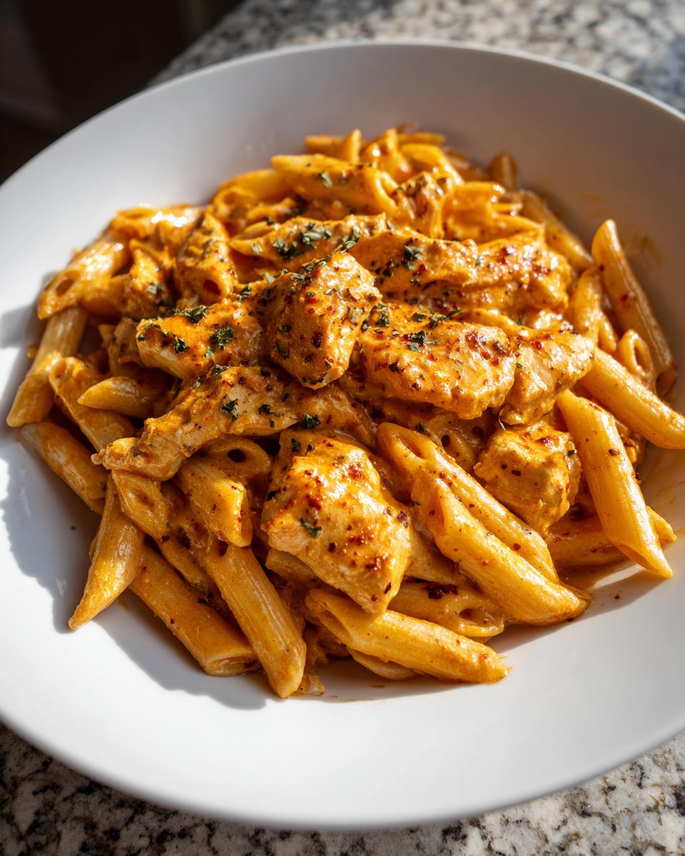 Close-up of creamy cajun chicken pasta featuring penne noodles and seasoned chicken chunks in a white bowl.