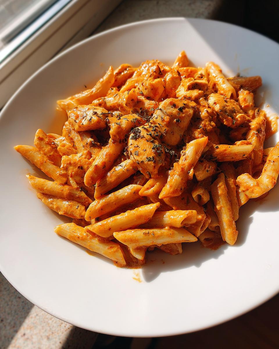 Close-up of creamy cajun chicken pasta made with penne noodles, topped with herbs.