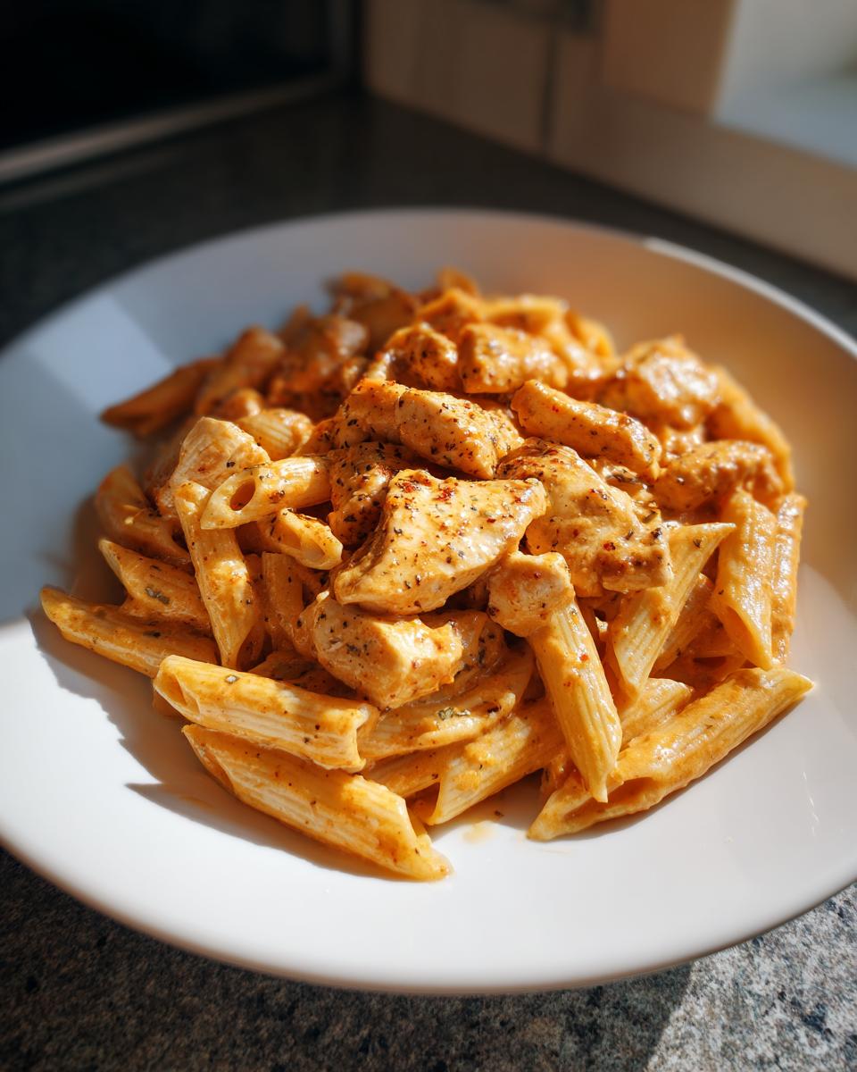 A close-up of creamy cajun chicken pasta featuring penne noodles and seasoned chicken chunks on a white plate.