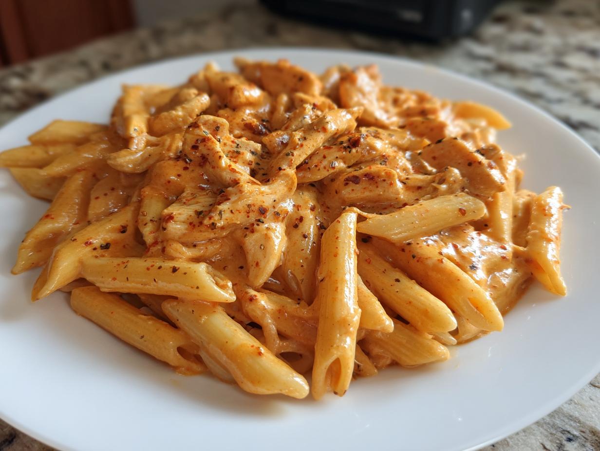 A close-up of creamy cajun chicken pasta made with penne, generously coated in a rich, orange sauce and sprinkled with red pepper flakes.
