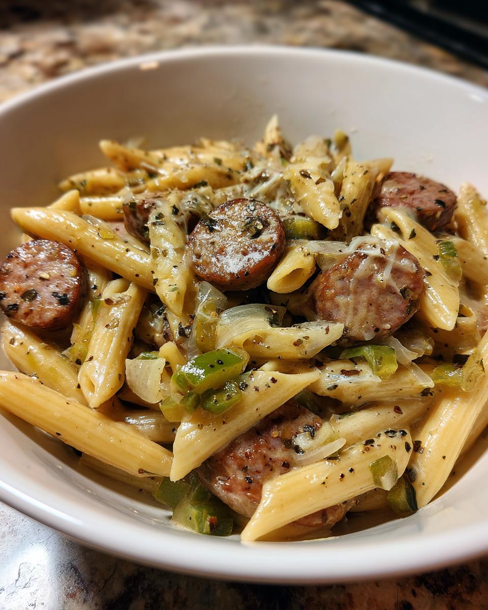 Close-up of creamy cajun sausage pasta featuring penne, sliced sausage, green peppers, and onions.