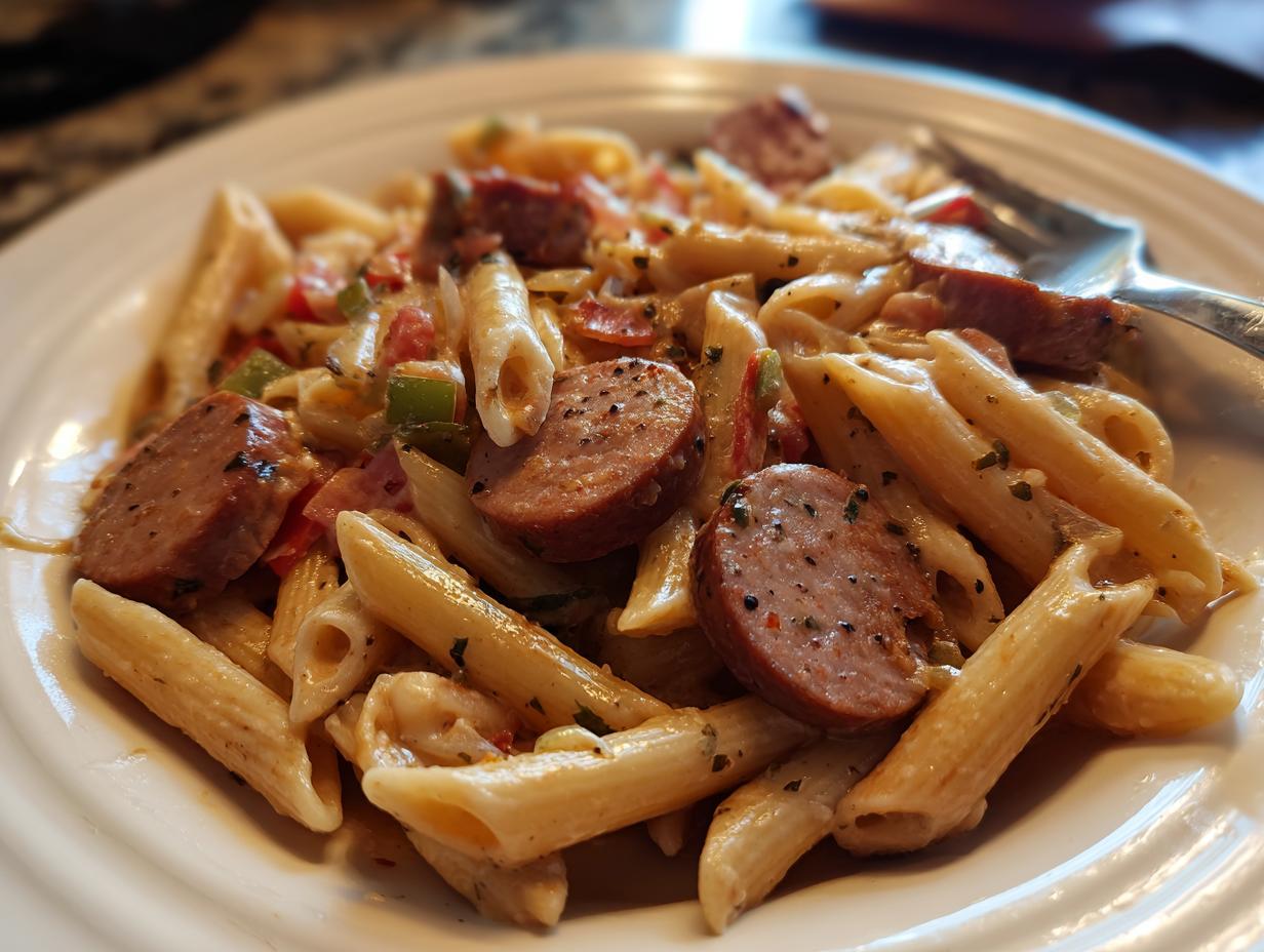 A close-up view of a serving of creamy cajun sausage pasta featuring penne, sliced andouille sausage, and peppers.