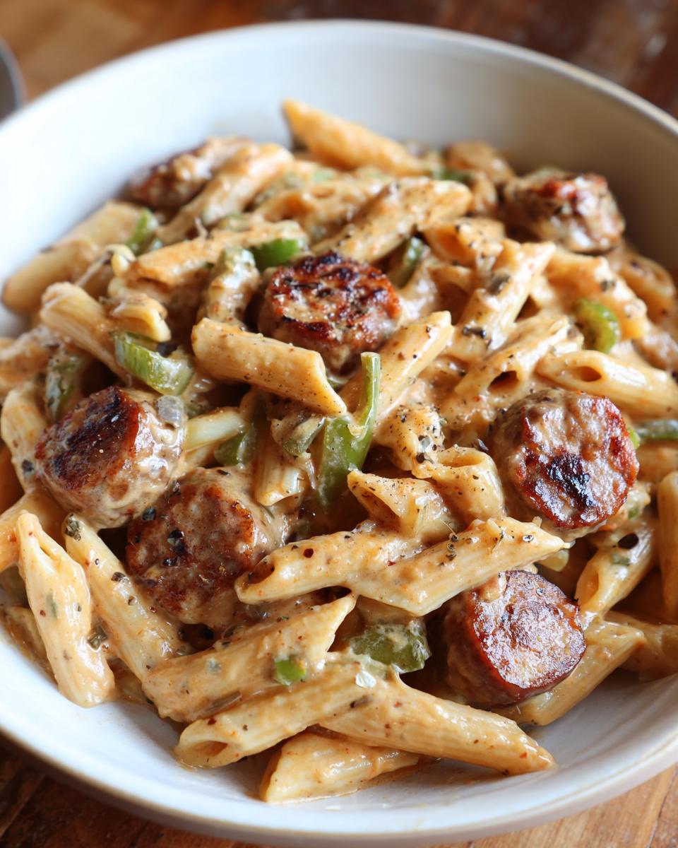 Close-up of creamy cajun sausage pasta featuring penne, sliced sausage, and green peppers in a white bowl.