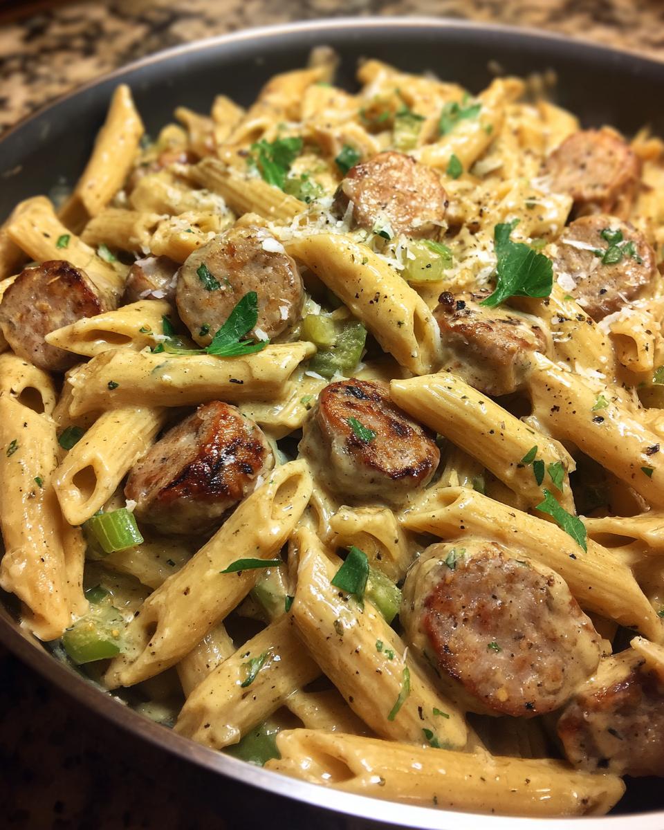 Close-up of creamy cajun sausage pasta with penne, sliced sausage, and green peppers in a dark skillet.