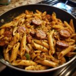 Close-up of creamy cajun sausage pasta featuring penne noodles and sliced andouille sausage in a dark skillet.