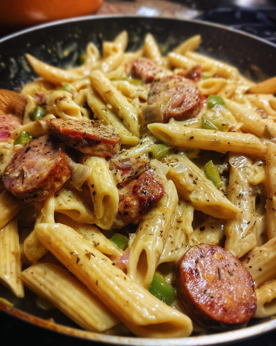 Close-up of creamy cajun sausage pasta with penne, sliced sausage, and green peppers in a dark skillet.