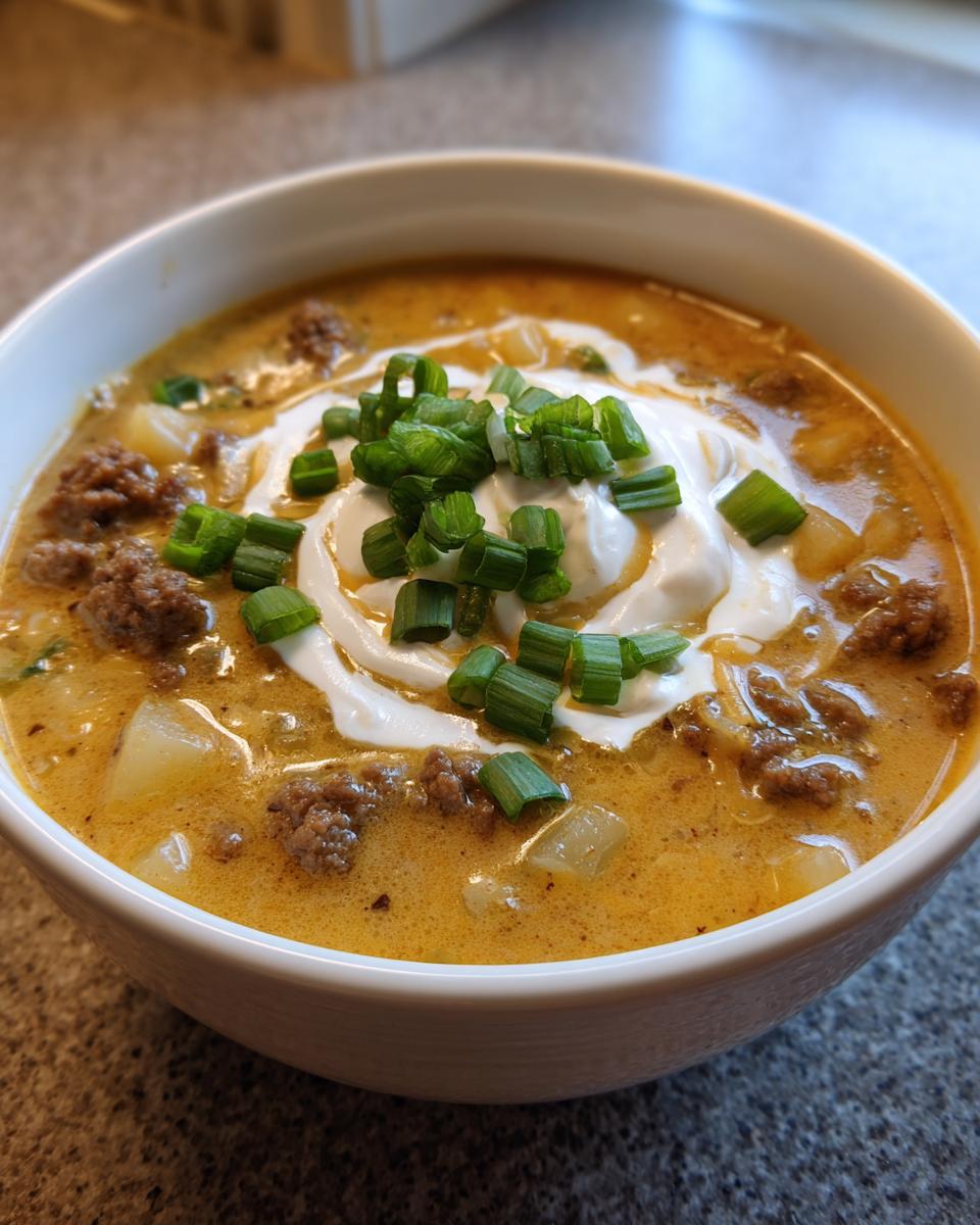 A close-up of a bowl of creamy cheeseburger soup recipe, topped with sour cream and fresh green onions.