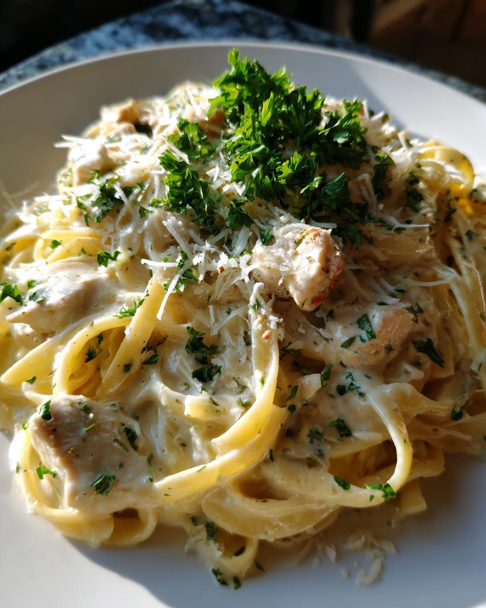 A close-up shot of creamy chicken alfredo pasta, featuring fettuccine coated in white sauce, topped with shredded parmesan and fresh parsley.