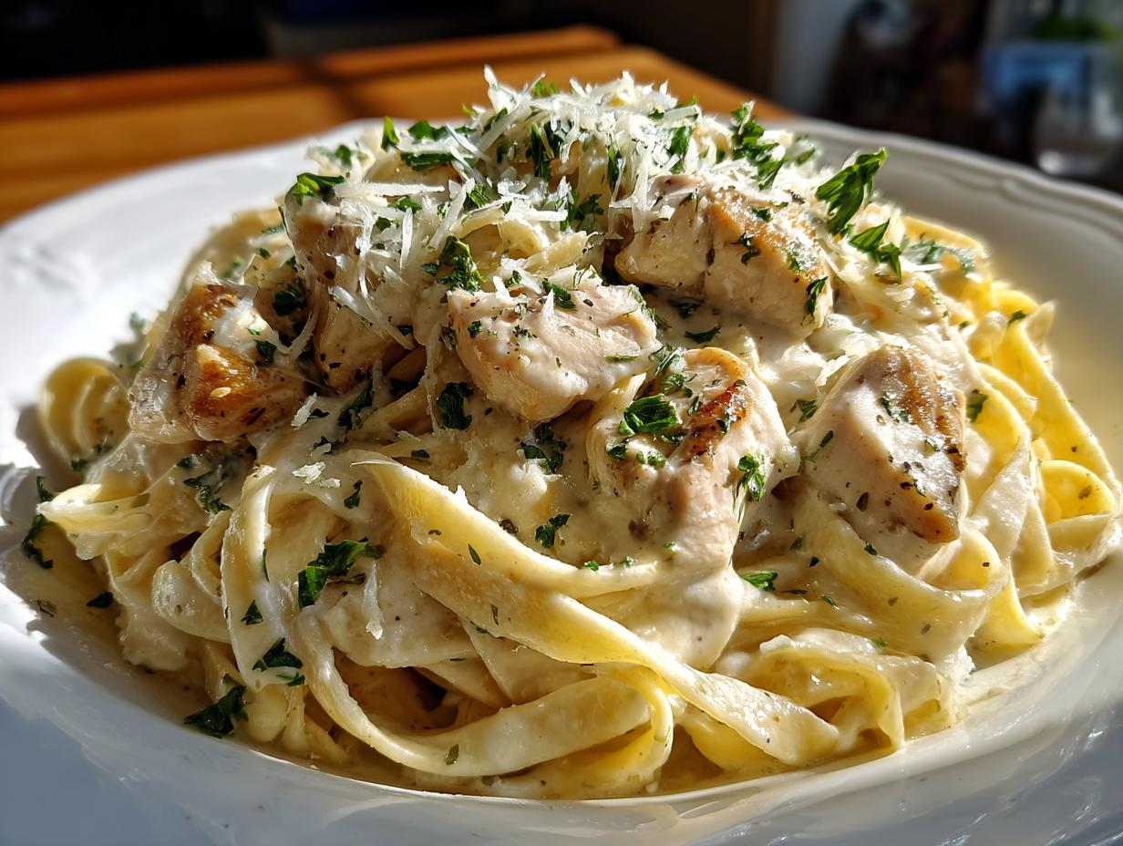 Close-up of creamy chicken alfredo pasta topped with grated Parmesan cheese and fresh parsley.