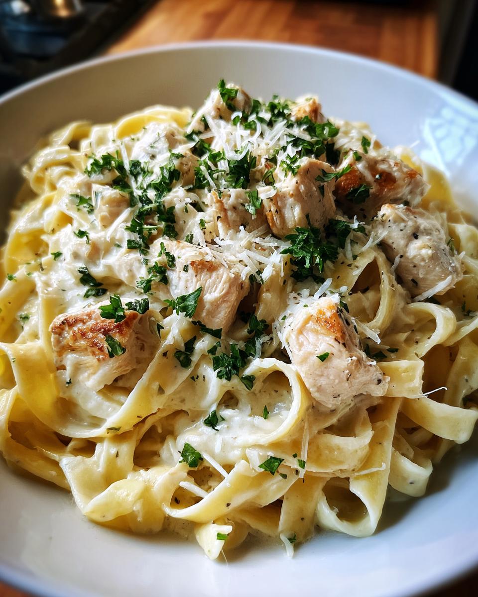 Close-up of creamy chicken alfredo pasta topped with grated parmesan and fresh parsley.