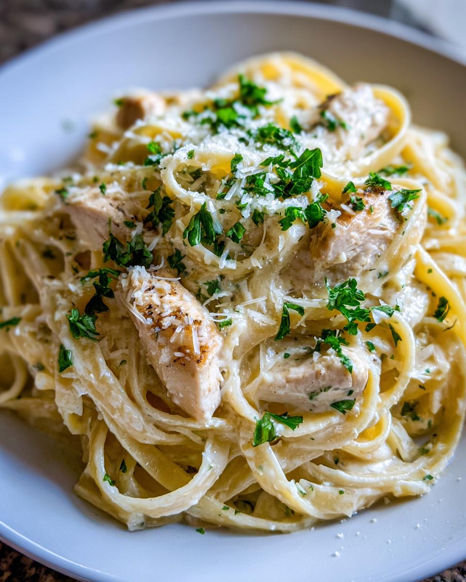 Close-up of creamy chicken alfredo pasta topped with grilled chicken pieces, grated Parmesan, and fresh parsley.