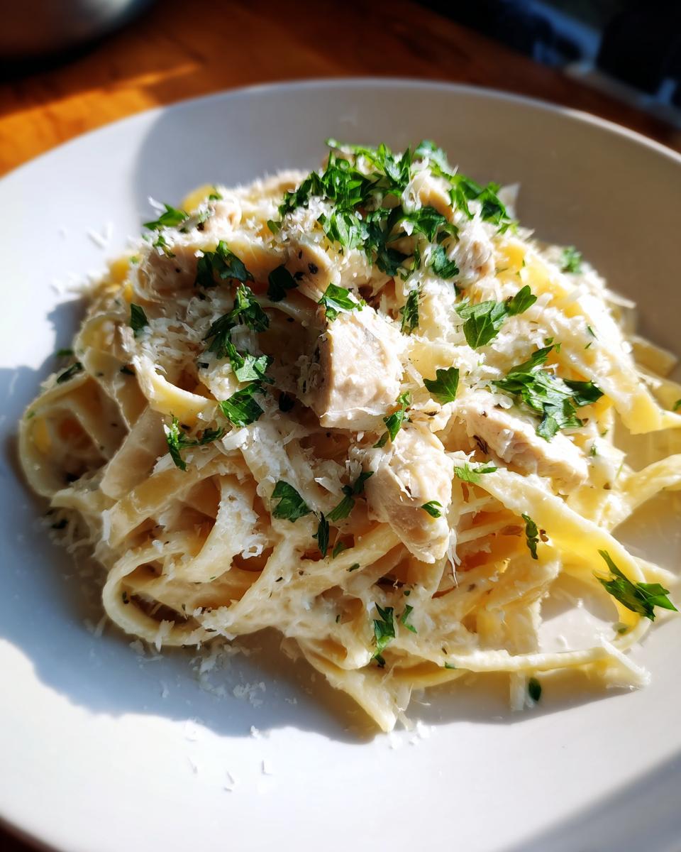 Close-up of creamy chicken alfredo pasta topped with grated parmesan and fresh parsley.