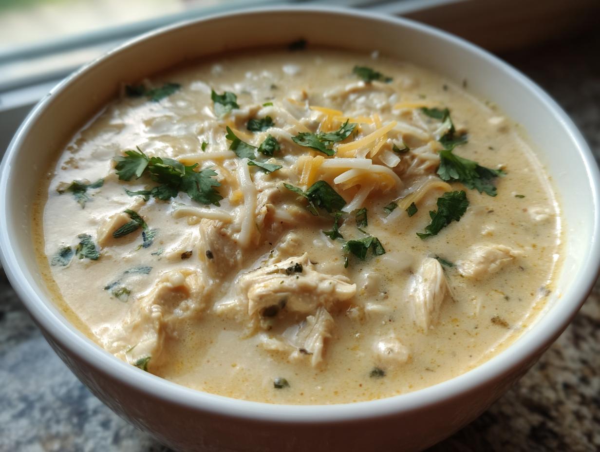 Close-up of a creamy white chicken chili recipe in a white bowl, topped with shredded cheese and cilantro.