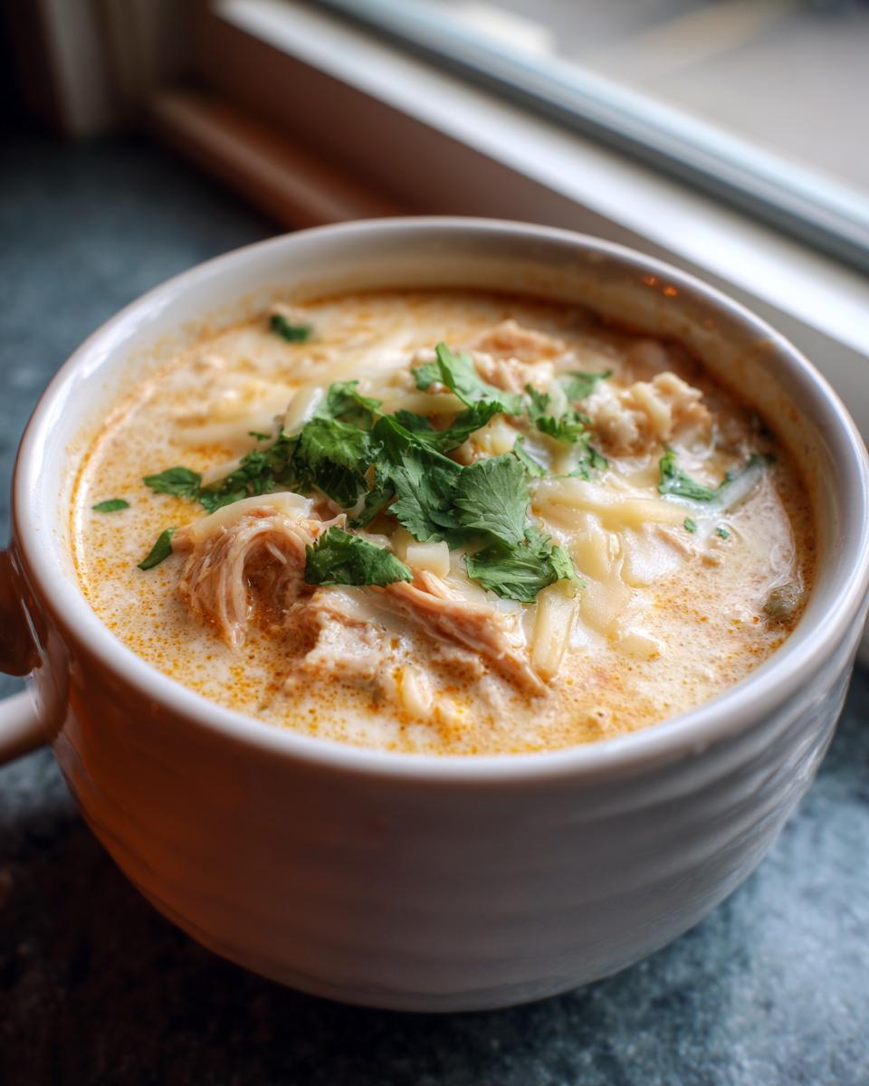 Close-up of a creamy white chicken chili recipe served in a white mug, topped with shredded cheese and fresh cilantro.