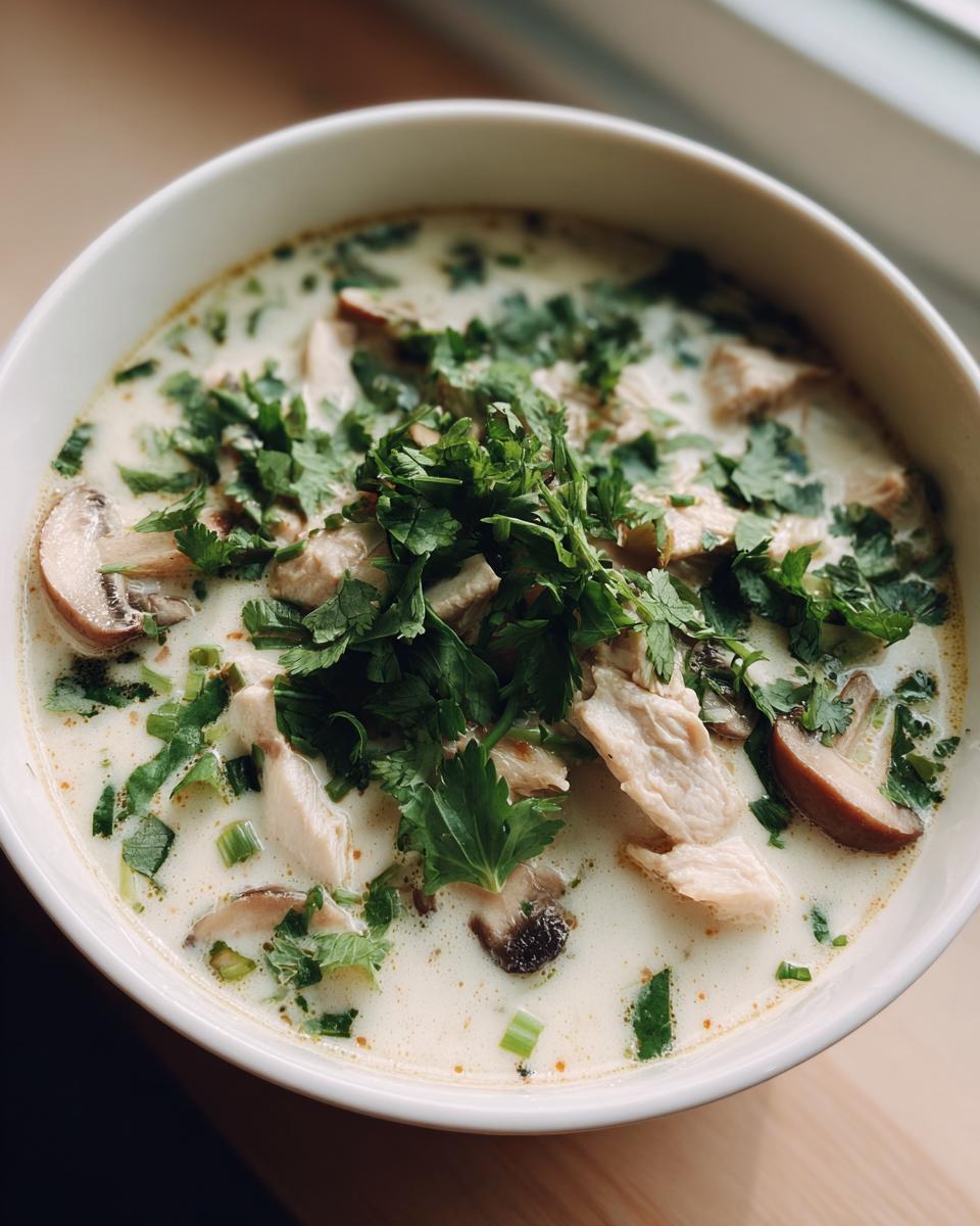 A close-up view of a white bowl filled with rich coconut soup featuring sliced chicken, mushrooms, and fresh cilantro.