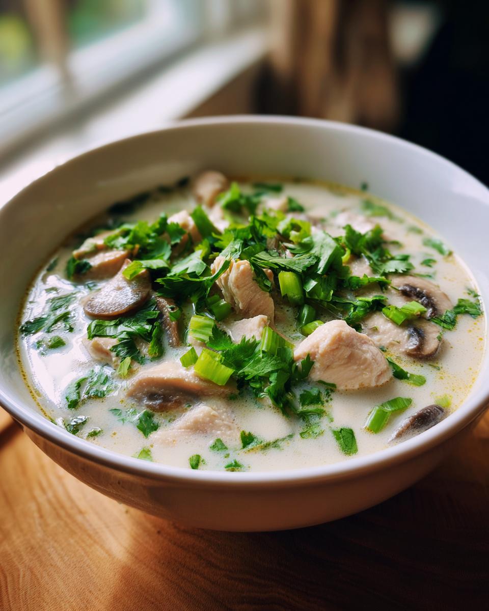 Close-up of a white bowl filled with creamy chicken and mushroom coconut soup, garnished heavily with fresh cilantro and green onions.