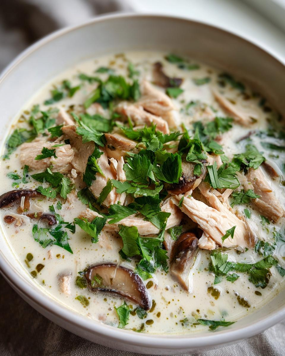 Close-up of a bowl of creamy coconut soup topped with shredded chicken, sliced mushrooms, and fresh parsley.