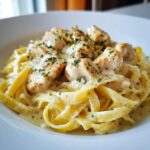 Close-up of creamy fettuccine pasta topped with seasoned, diced chicken pieces and fresh parsley, a perfect chicken pasta dish.