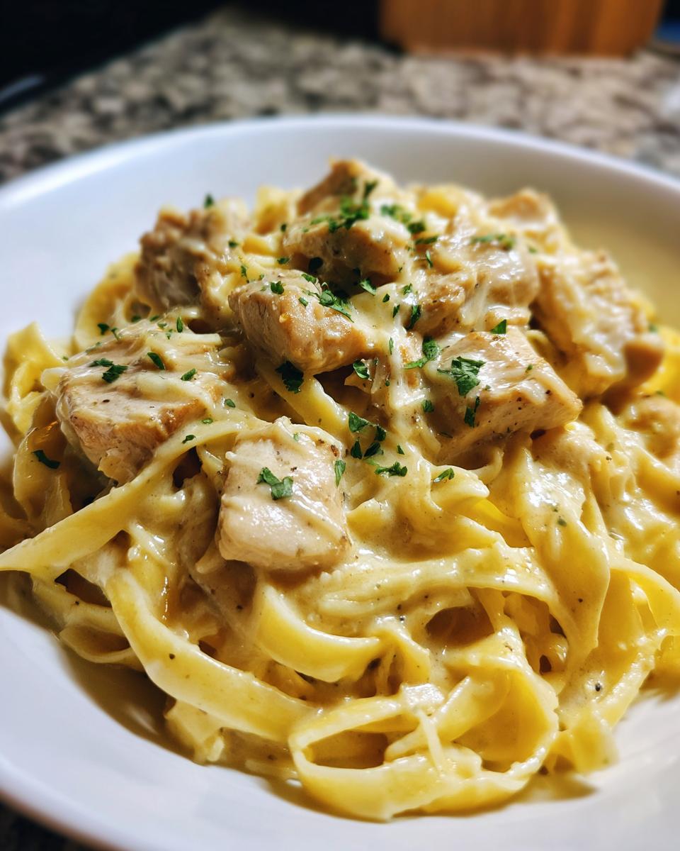 Close-up of creamy chicken pasta featuring fettuccine noodles, diced chicken pieces, and a rich parmesan sauce, garnished with parsley.