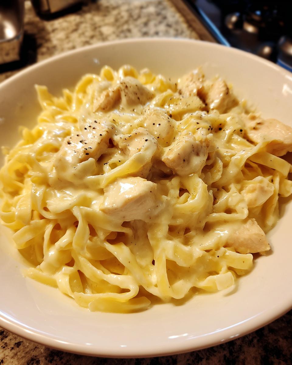 A close-up of creamy chicken pasta made with fettuccine noodles and topped with black pepper.