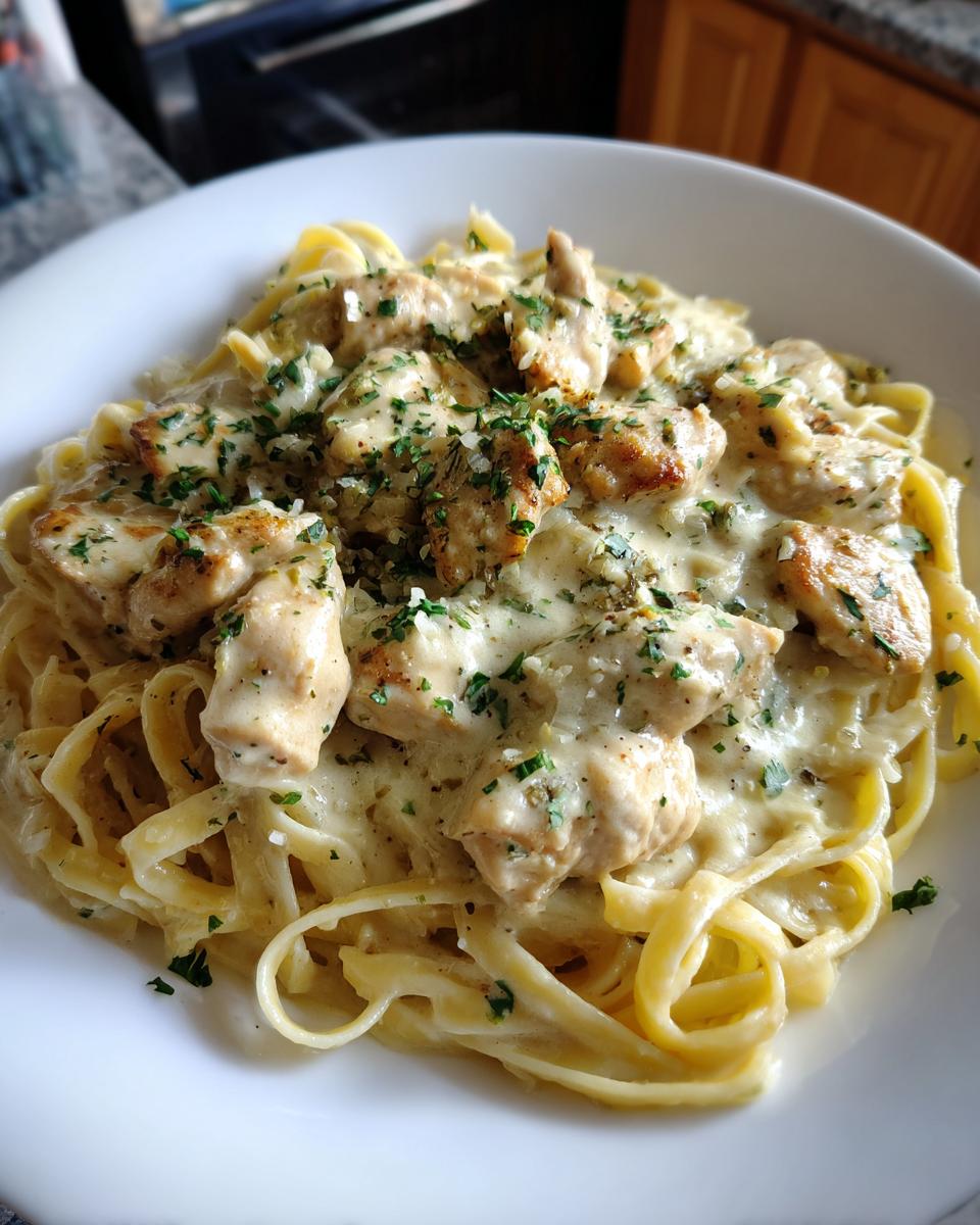 Close-up of a bowl of creamy chicken pasta featuring fettuccine noodles and seasoned chicken pieces topped with fresh parsley.