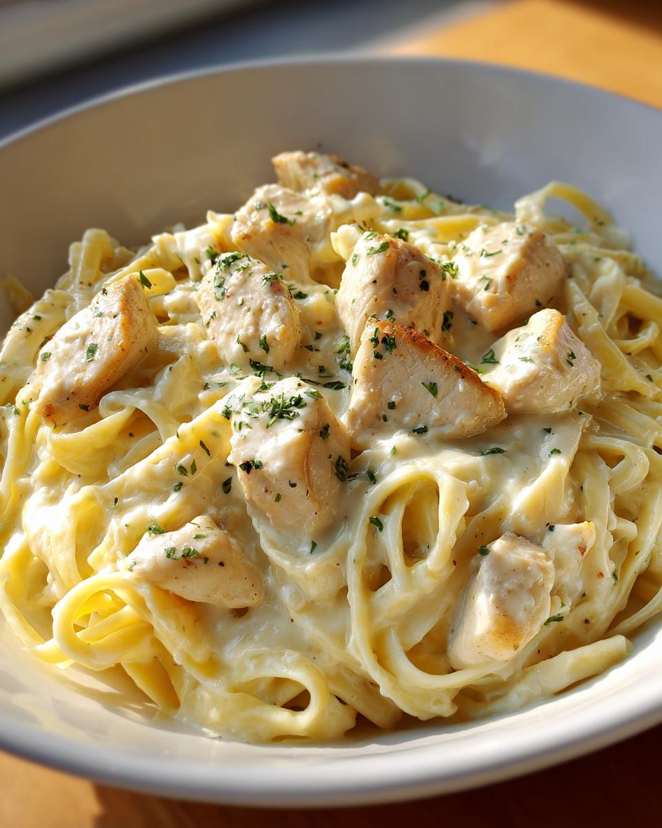 Close-up of creamy fettuccine chicken pasta topped with diced chicken and fresh parsley.