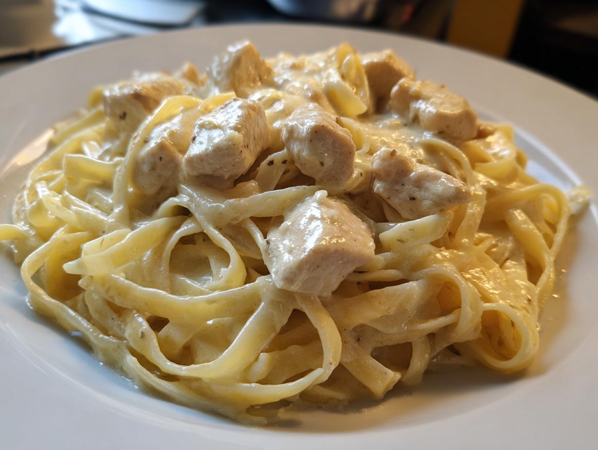 Close-up of creamy chicken pasta featuring fettuccine noodles coated in a rich white sauce with chunks of seasoned chicken.