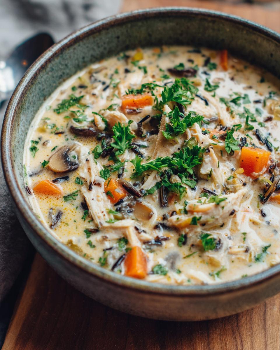 Close-up of a hearty bowl of creamy wild rice soup with shredded chicken, carrots, mushrooms, and parsley garnish.