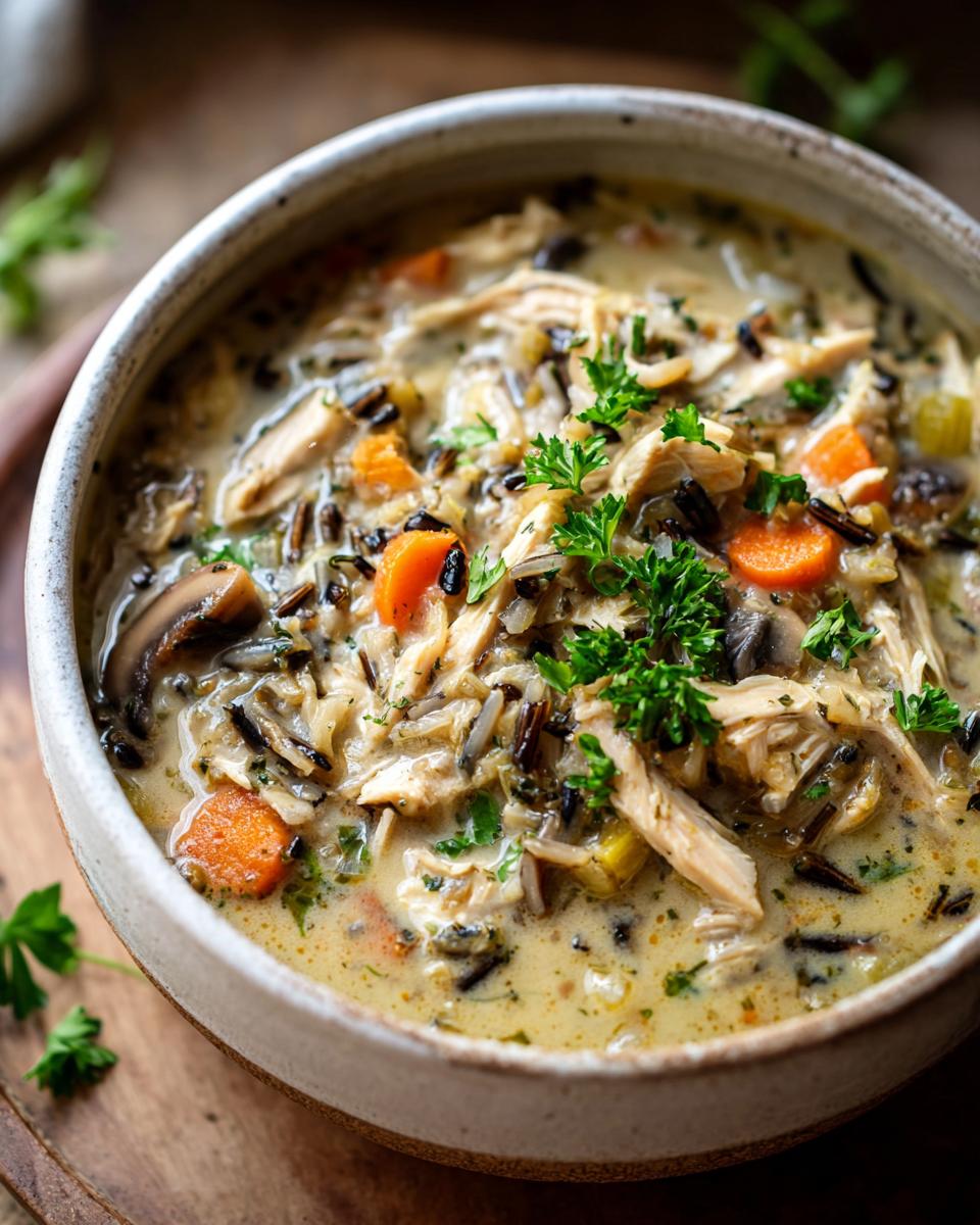 Close-up of a hearty bowl of creamy chicken wild rice soup with carrots and mushrooms, garnished with parsley.
