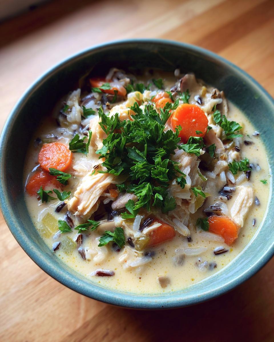 Close-up of a hearty bowl of creamy chicken wild rice soup, garnished with fresh parsley and sliced carrots.