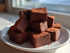 A stack of rich, dark chocolate fudge cubes dusted with cocoa powder, sitting on a white plate near a window.