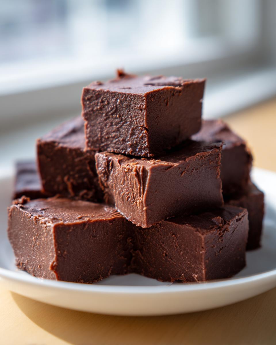 A stack of rich, dark chocolate fudge squares piled high on a white plate, showcasing their creamy texture.