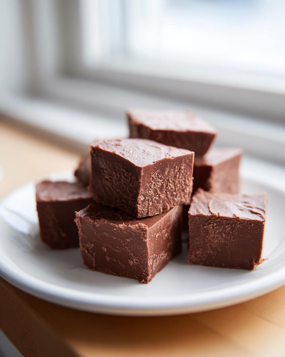A stack of rich, dark chocolate fudge squares resting on a white plate near a bright window.