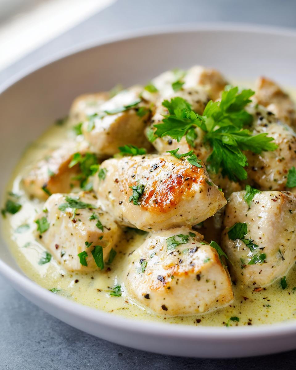 Close-up of seared chicken pieces coated in a creamy, pale yellow coconut lime chicken sauce and garnished with fresh parsley.