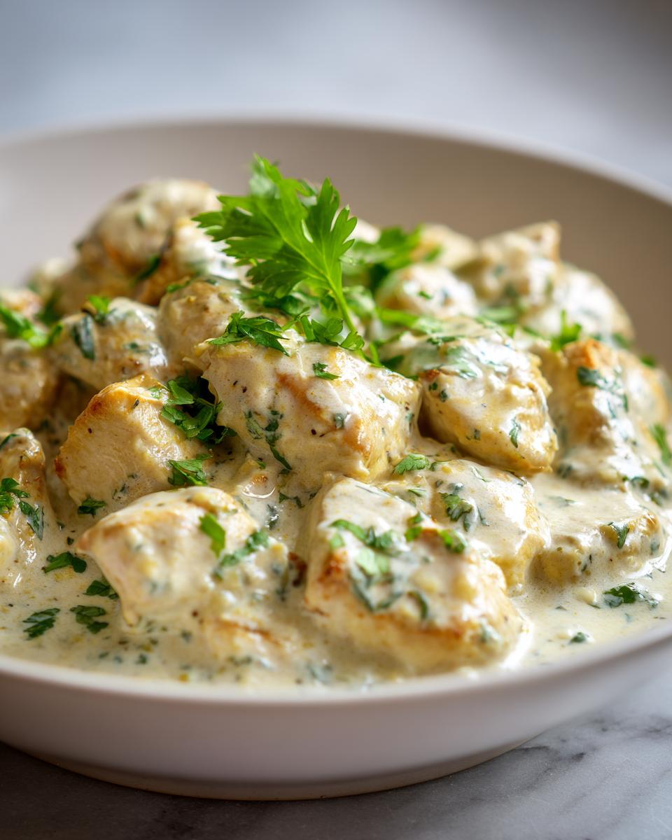 Close-up of tender chicken pieces coated in a creamy sauce, garnished with fresh parsley, representing coconut lime chicken.