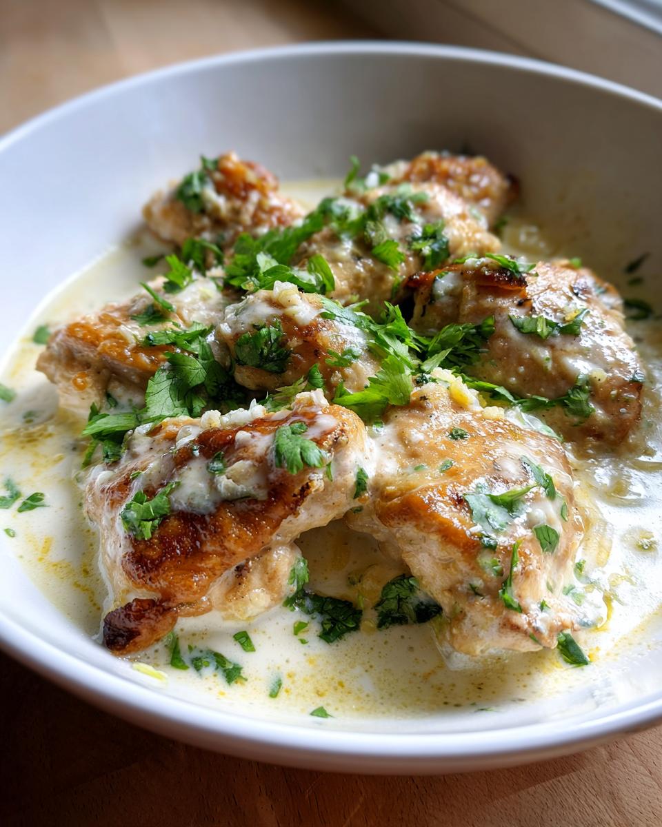 Close-up of seared chicken pieces smothered in a creamy sauce, garnished with fresh cilantro, representing coconut lime chicken.