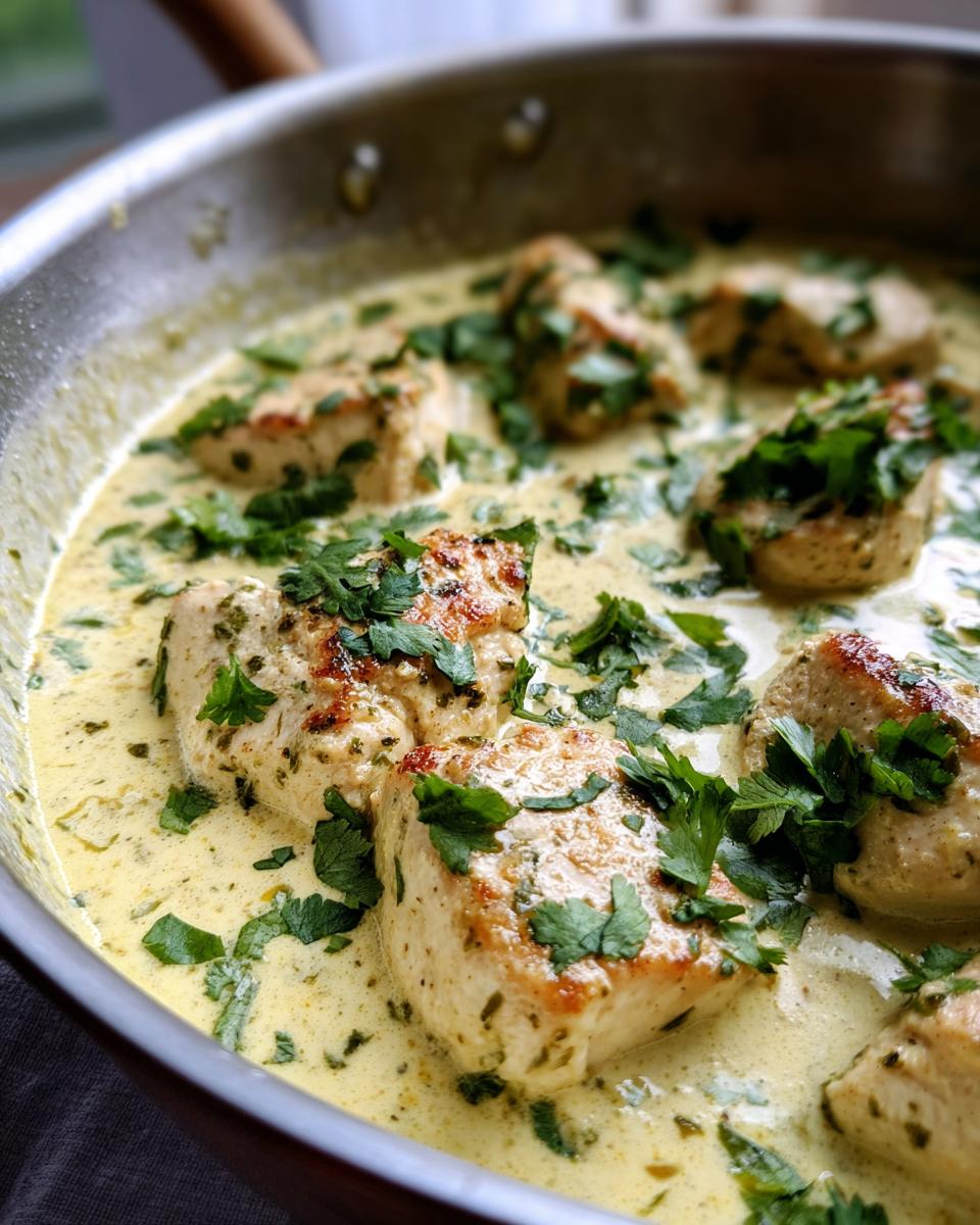 Close-up of seared chicken pieces simmering in a creamy sauce, garnished with fresh cilantro, ready for coconut lime chicken.