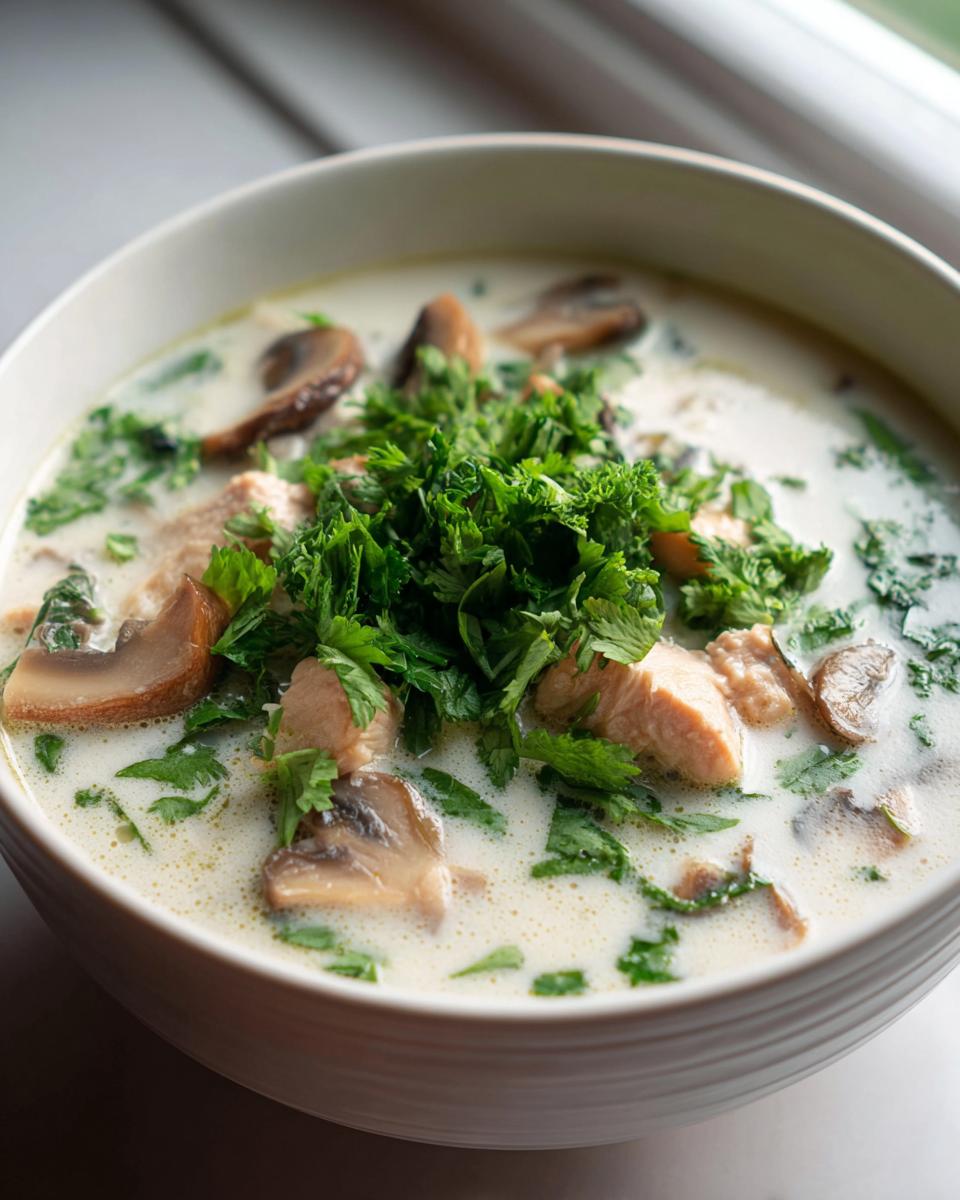 Close-up of a bowl of creamy coconut soup featuring chunks of chicken, sliced mushrooms, and topped with fresh parsley.