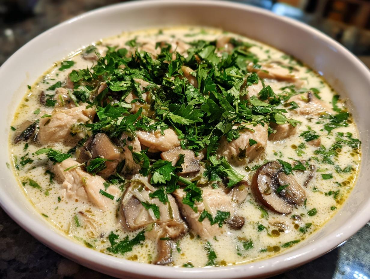 Close-up of creamy coconut soup with chunks of chicken, sliced mushrooms, and fresh parsley.