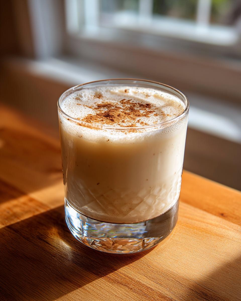 A single glass filled with creamy coquito recipe drink, garnished with sprinkled cinnamon on top.